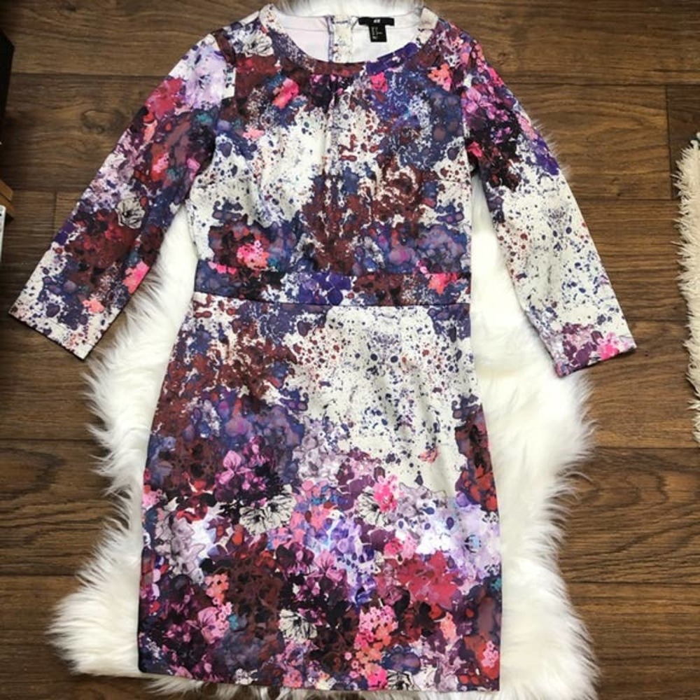 H&M watercolor floral sheath dress purple 8